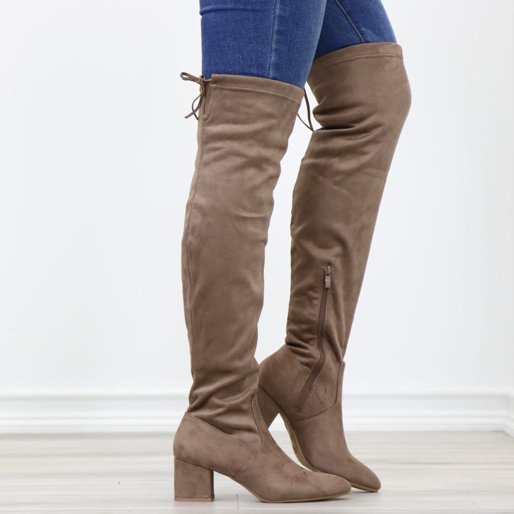 Taupe Thigh High Over The Knee Low Block Heel Boots Faux Suede Pointy Toe